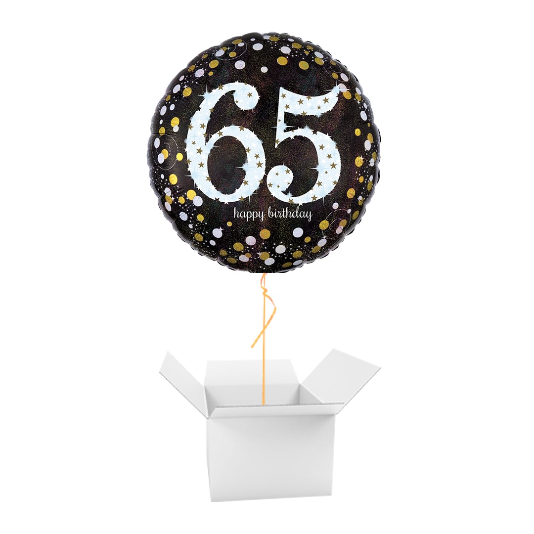 Sparkling Gold & Black 65th Birthday Round Foil Balloon - Inflated Balloon In A Box