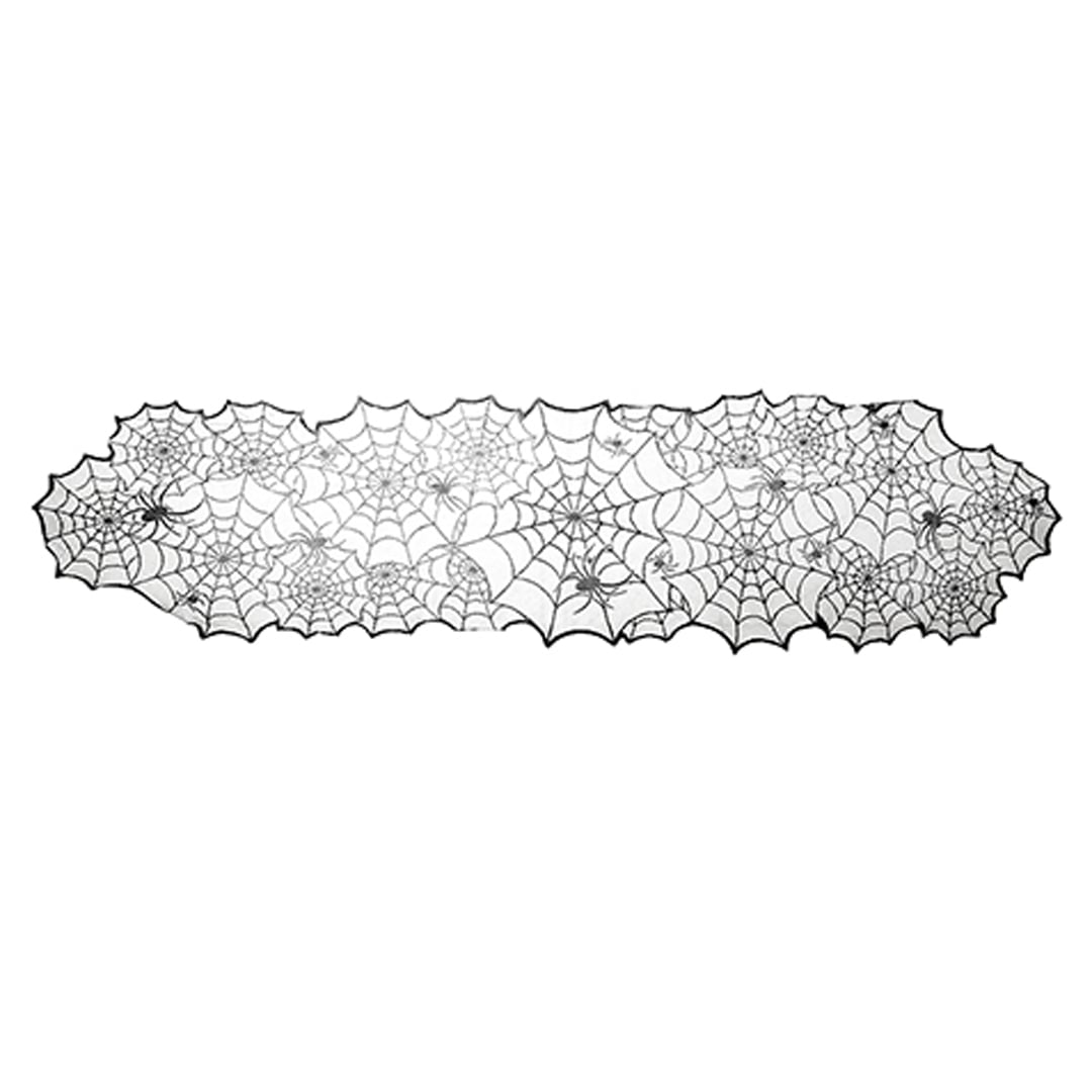 Spider's Web Black Lace Effect Halloween Fabric Mantel Runner 2m