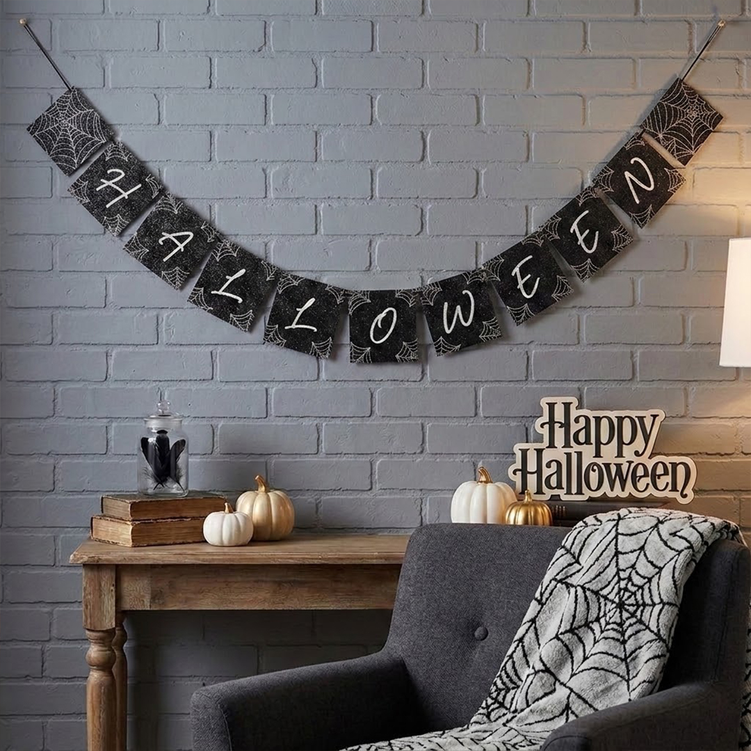 Spider Web Halloween Spellout Glitter Flag Bunting 2.4m