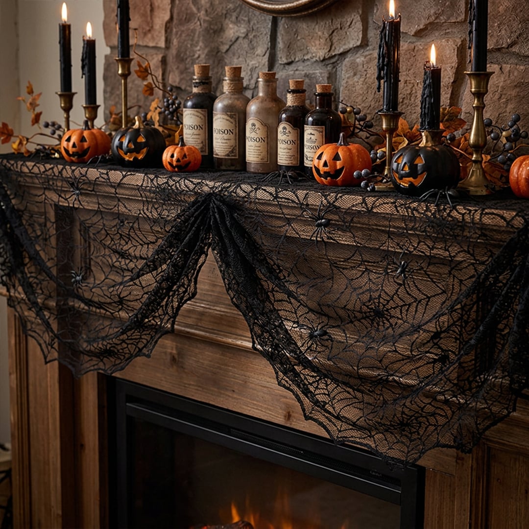 Spider's Web Black Lace Effect Halloween Fabric Mantel Runner 2m View 2