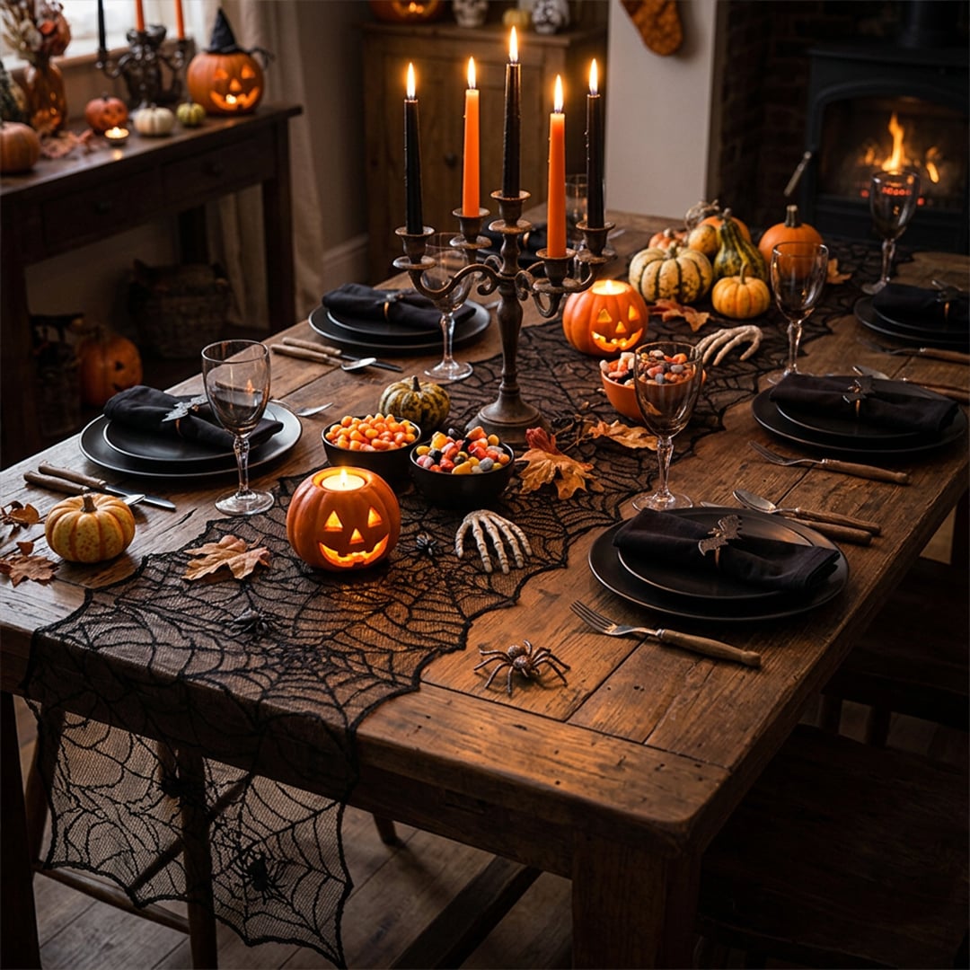 Spiders Web Spooky Black Lace Effect Halloween Fabric Table Runner 1.83m View 2