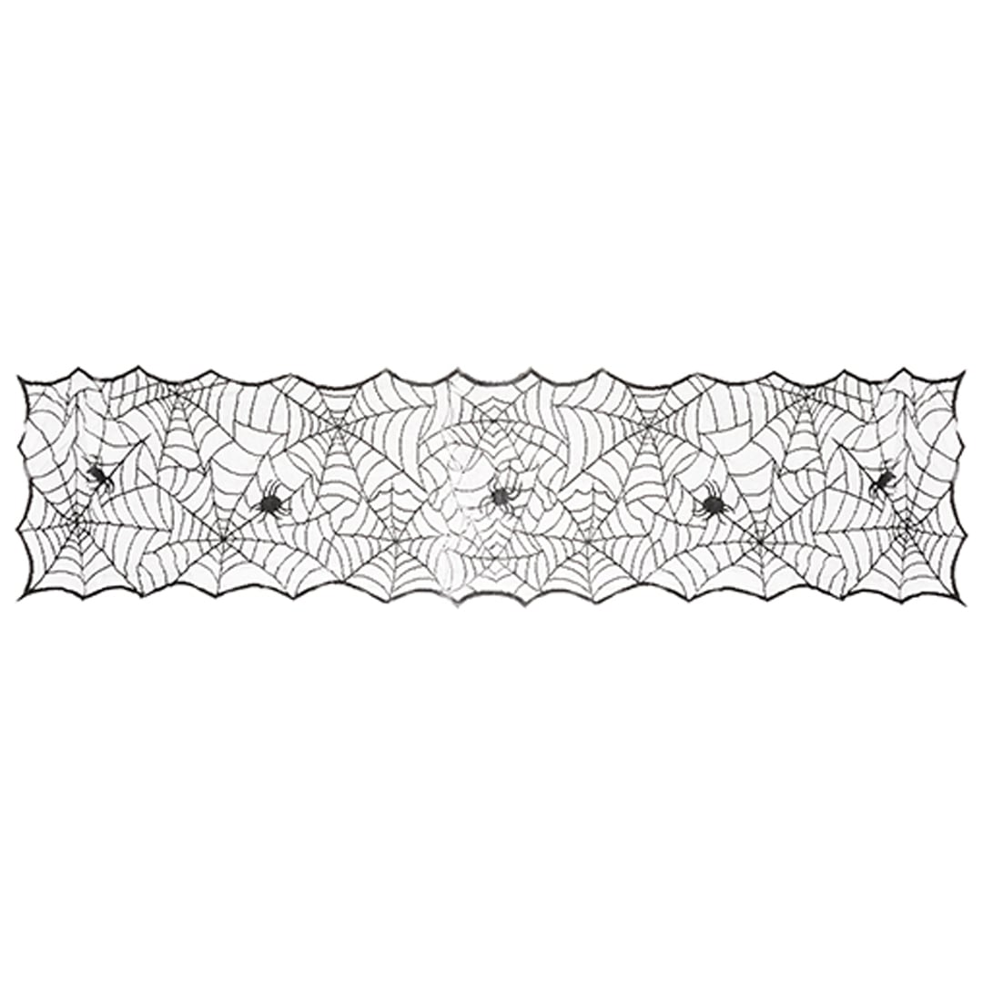 Spiders Web Spooky Black Lace Effect Halloween Fabric Table Runner 1.83m