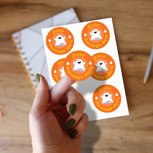 Spooky Ghost Orange Custom Halloween Round Stickers 88mm - Sheet of 6 Product Gallery Image