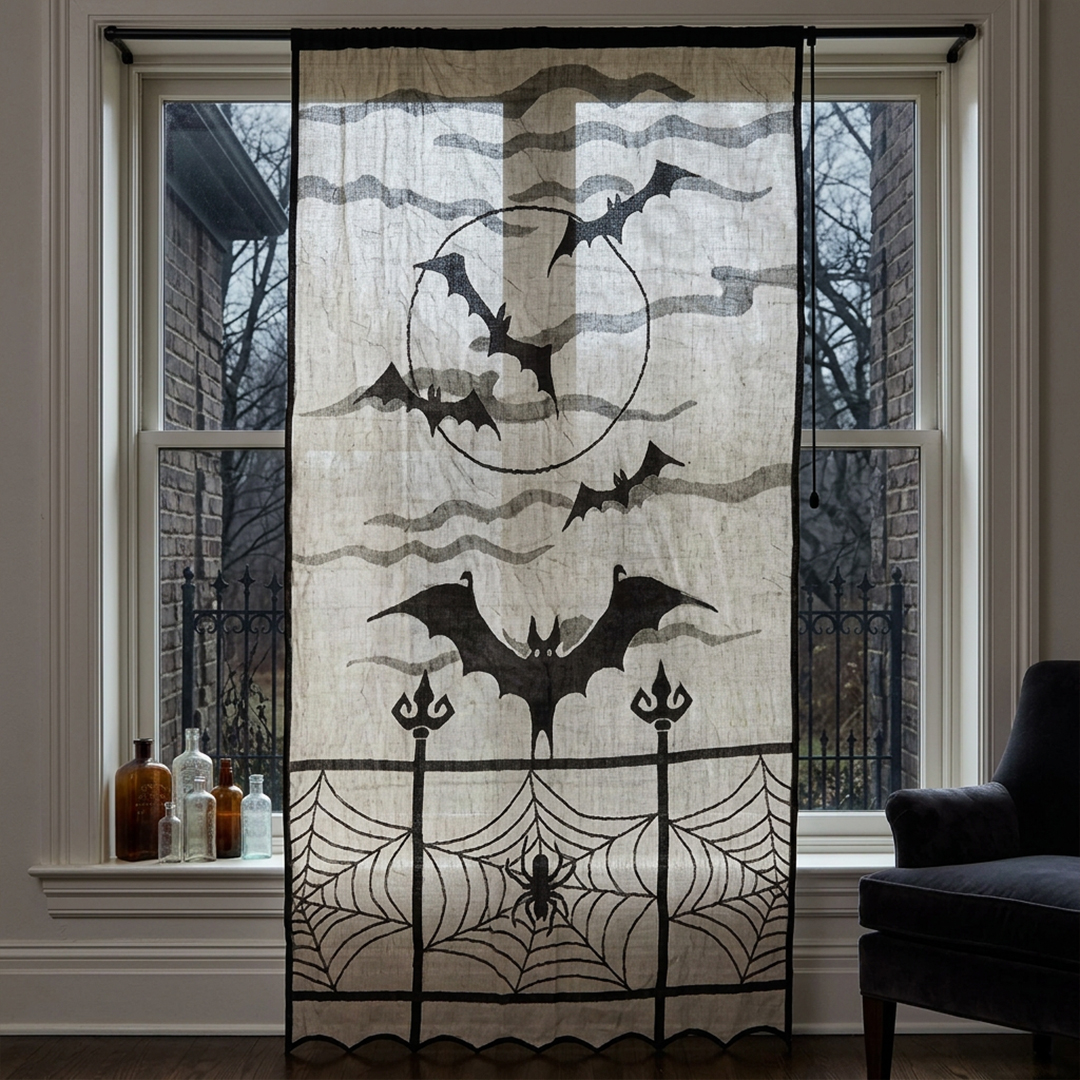Spooky Halloween Design Black Lace Net Curtain 2.3m