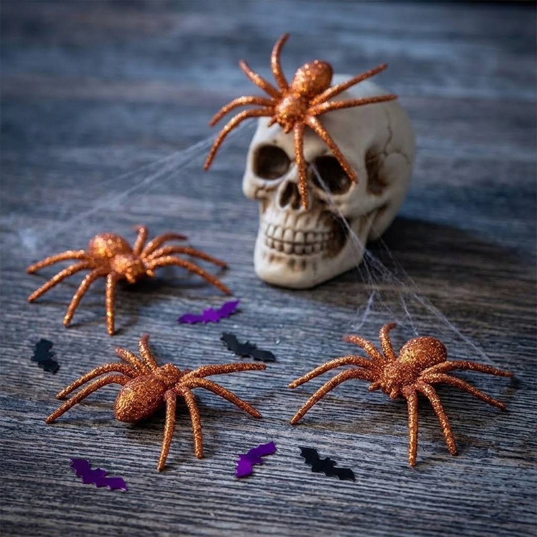Spooky Orange Glitter Spiders Plastic Halloween Decorations 6cm - Pack of 4