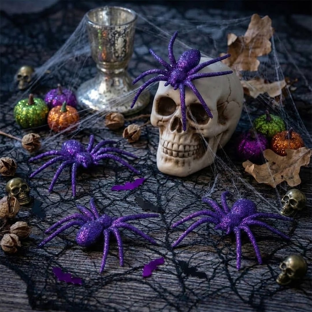 Spooky Purple Glitter Spiders Plastic Halloween Decorations 6cm - Pack of 4 View 2