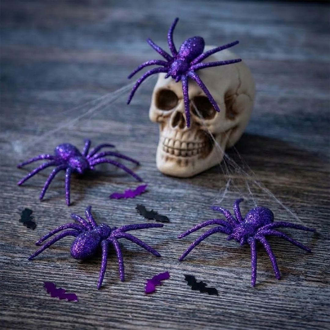 Spooky Purple Glitter Spiders Plastic Halloween Decorations 6cm - Pack of 4