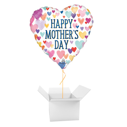 Sprinkled Watercolour Hearts Happy Mother's Day Heart Shape Foil Helium Balloon - Inflated Balloon in a Box