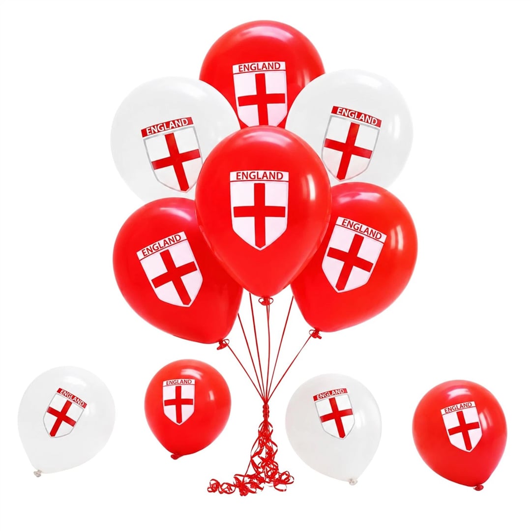 St. George's Cross England Flag Printed Red & White Latex Balloons 25cm / 10 in - Pack of 15
