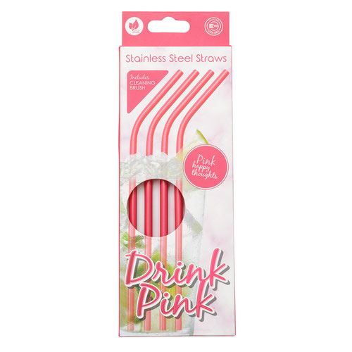 Stainless Steel Pink Metal Drinking Straws with Cleaning Brush - Pack of 8 Product Gallery Image
