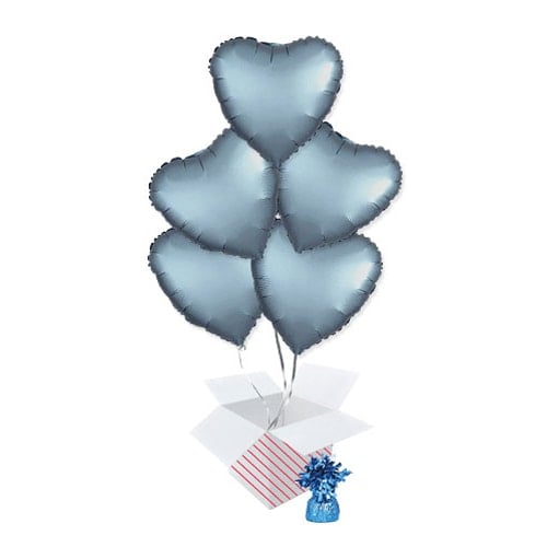 Steel Blue Satin Luxe Heart Foil Helium Balloon Bouquet - 5 Inflated Balloons In A Box Product Gallery Image