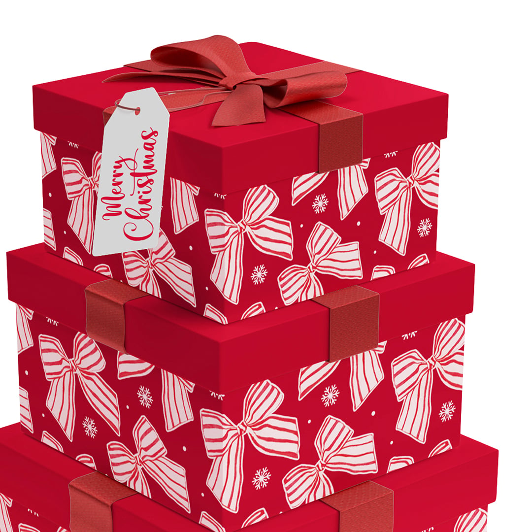 Stylish Striped Bows Red Square Christmas Stackable Gift Boxes - Pack of 3 Product Gallery Image