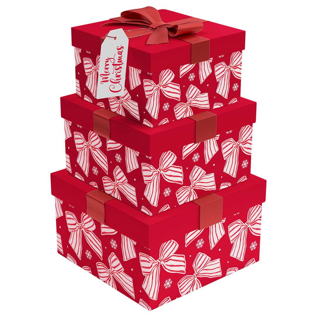 Stylish Striped Bows Red Square Christmas Stackable Gift Boxes - Pack of 3