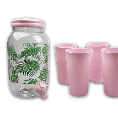 Summer Party Pink Leaf Design Reusable Plastic Drinks Dispenser with Matching Tumblers Bundle Product Image