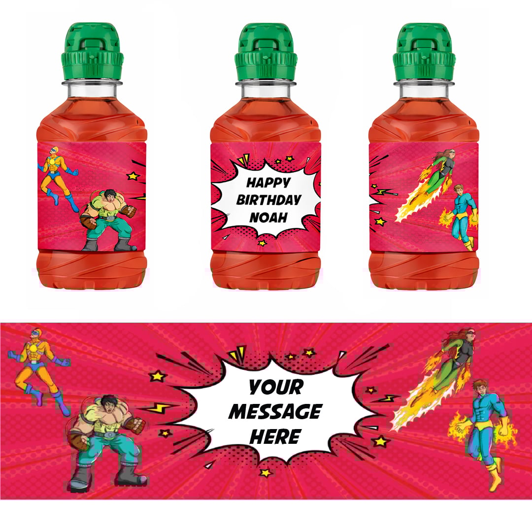 Superhero Personalised Drinks Bottle Packaging Label Stickers 20cm - Sheet of 7