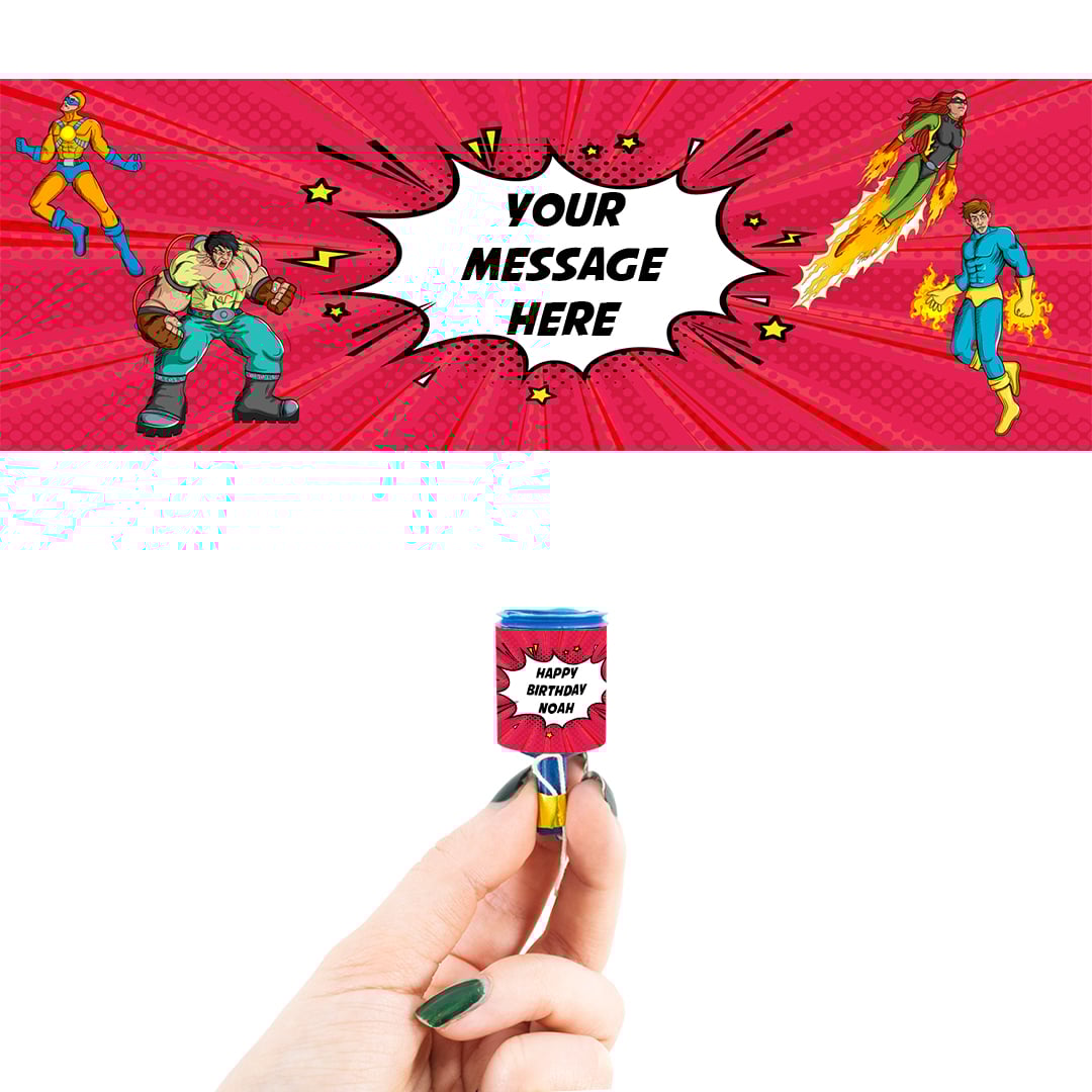 Superhero Personalised Party Popper Packaging Label Stickers 9cm - Sheet of 16