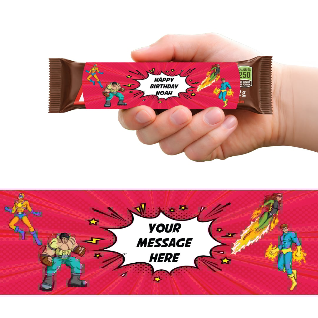 Superhero Personalised Sweet Chocolate Bar Packaging Label Stickers 9.1cm - Sheet of 16