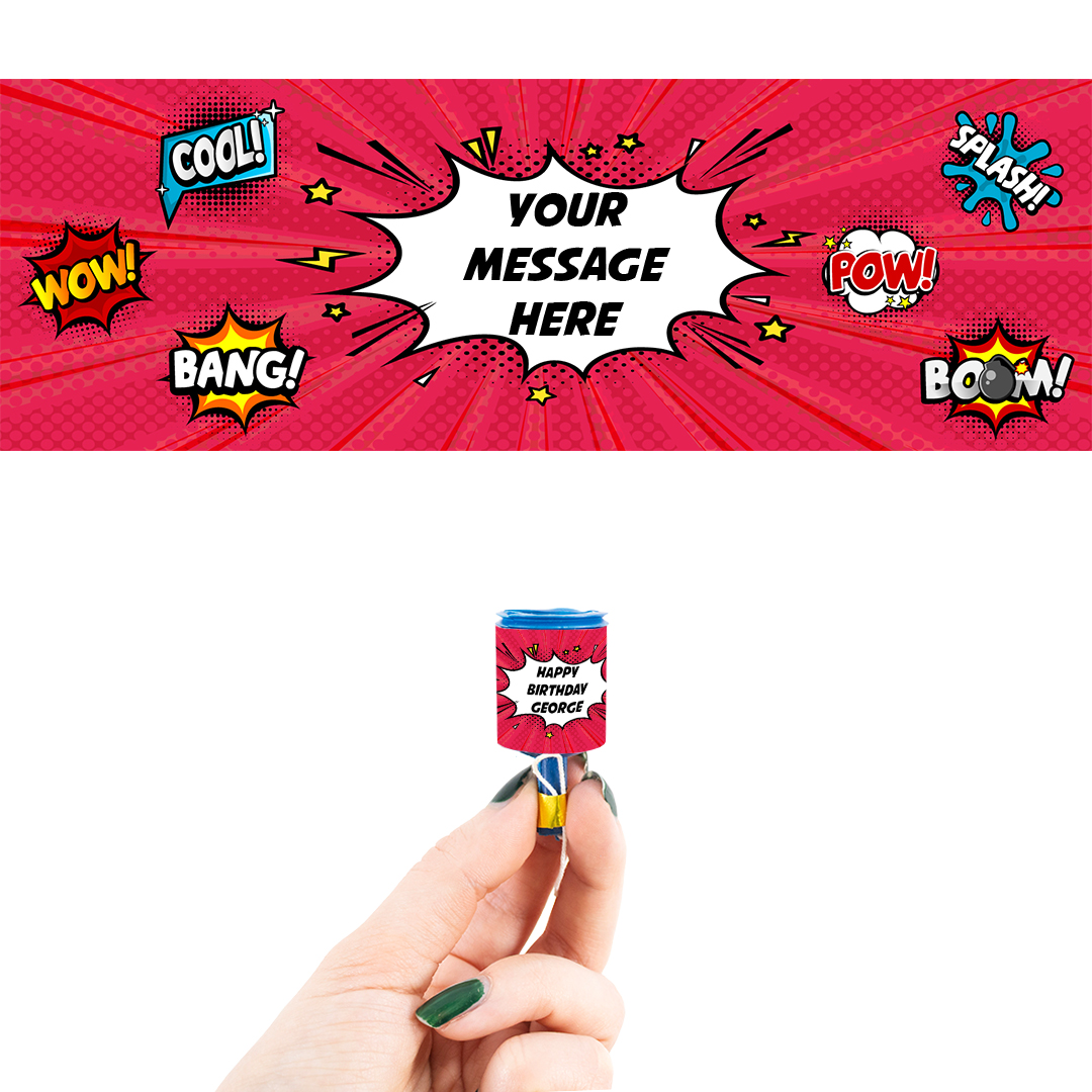 Superhero Words Personalised Party Popper Packaging Label Stickers 9cm - Sheet of 16