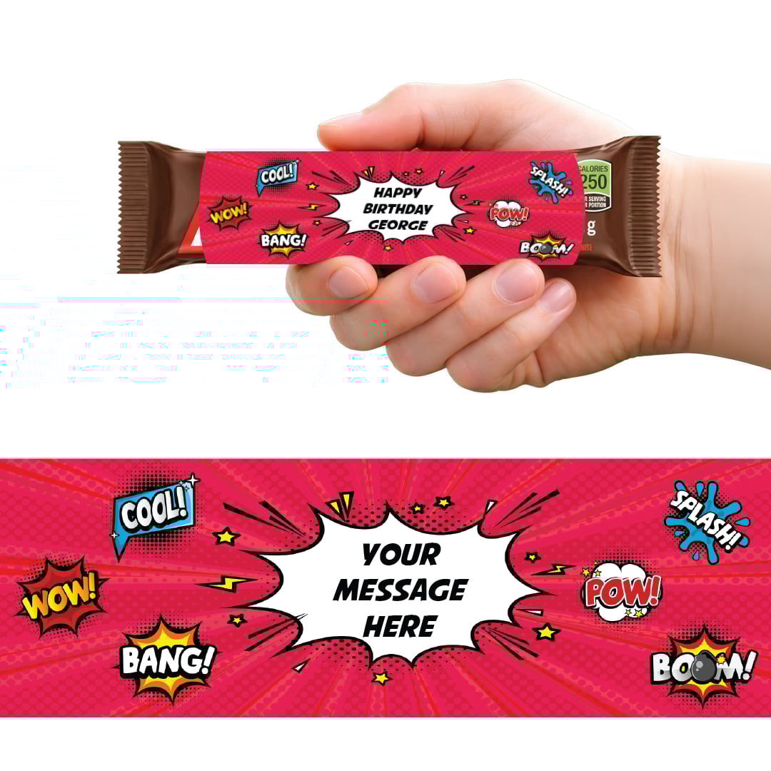 Superhero Words Personalised Sweet Chocolate Bar Packaging Label Stickers 9.1cm - Sheet of 16