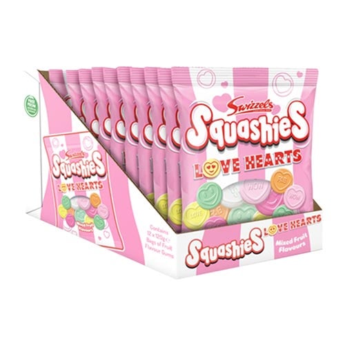 Swizzels Squashies Love Hearts Mixed Fruit Flavour Sweet Bags 120g - Box of 12