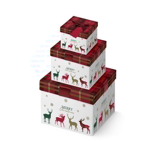 Tartan & Stag Square Christmas Stackable Gift Boxes - Pack of 3 Product Image
