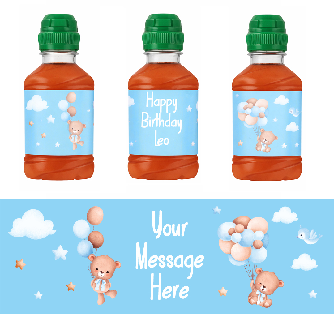 Teddy Bear Baby Blue Personalised Drinks Bottle Packaging Label Stickers 20cm - Sheet of 7