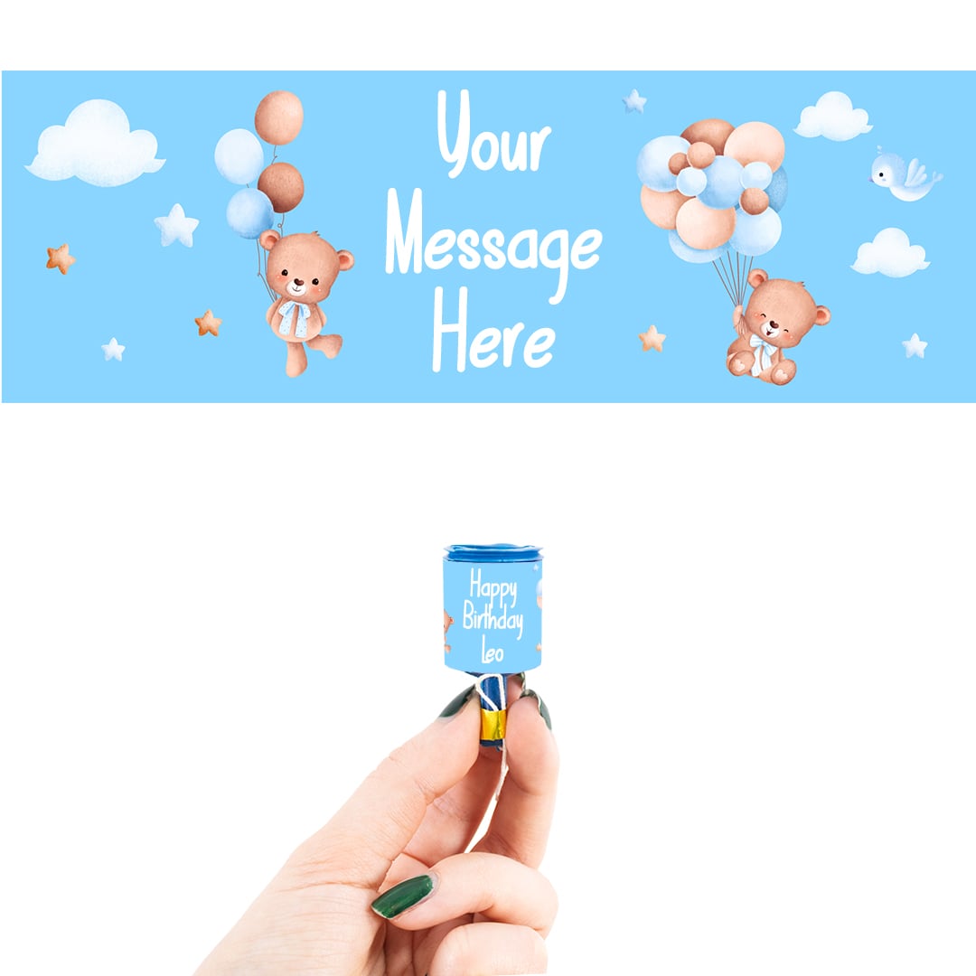 Teddy Bear Baby Blue Personalised Party Popper Packaging Label Stickers 9cm - Sheet of 16