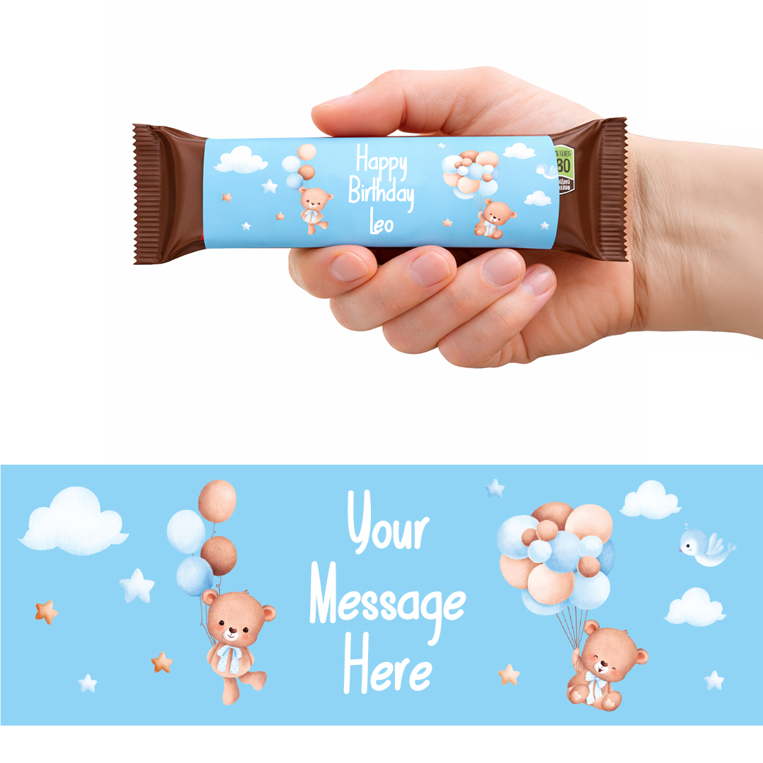 Teddy Bear Baby Blue Personalised Sweet Chocolate Bar Packaging Label Stickers 9.1cm - Sheet of 16