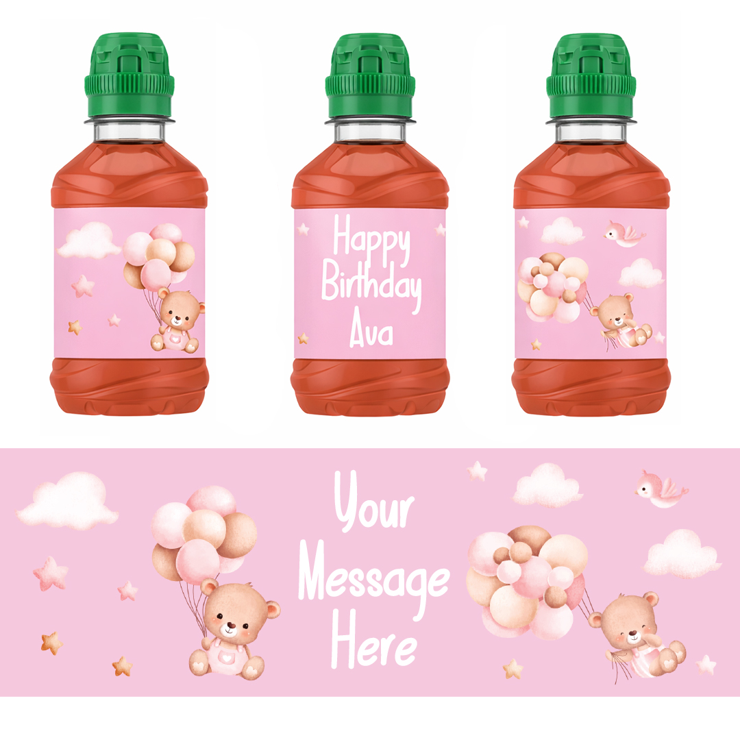 Teddy Bear Baby Pink Personalised Drinks Bottle Packaging Label Stickers 20cm - Sheet of 7