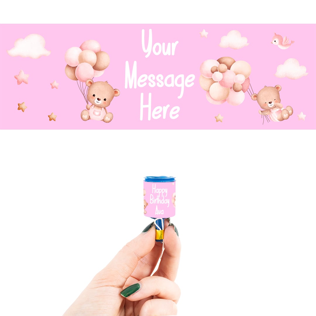 Teddy Bear Baby Pink Personalised Party Popper Packaging Label Stickers 9cm - Sheet of 16