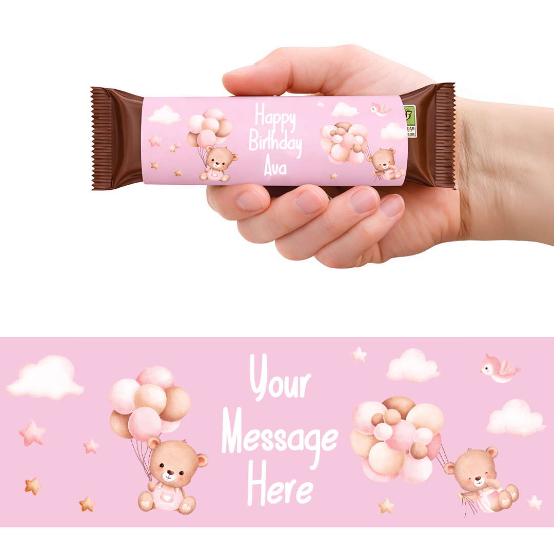 Teddy Bear Baby Pink Personalised Sweet Chocolate Bar Packaging Label Stickers 9.1cm - Sheet of 16