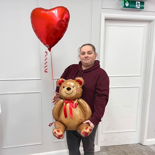 Teddy Bear with Personalised Red Love Heart Shape Foil Balloon - Inflated Balloon In A Box Product Gallery Image
