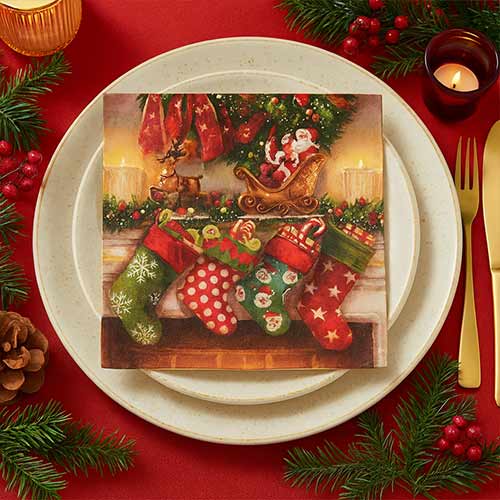 Traditional Fireplace with Hanging Christmas Stockings Premium Decoupage Luncheon Napkins 3 Ply 33cm - Pack of 20