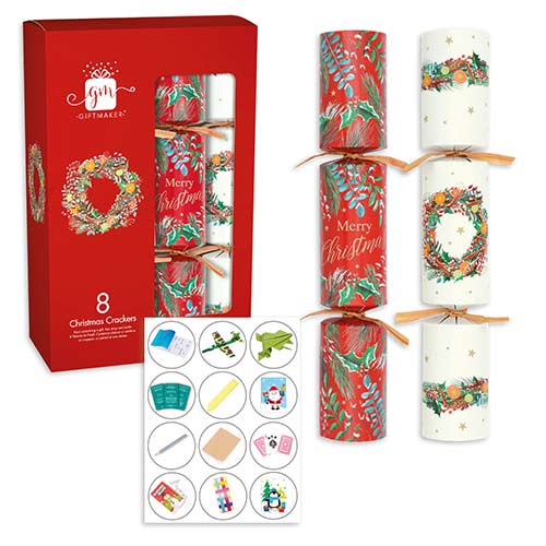 Traditional Foliage Red & Cream Christmas Crackers 30cm / 12 in - Pack of 8