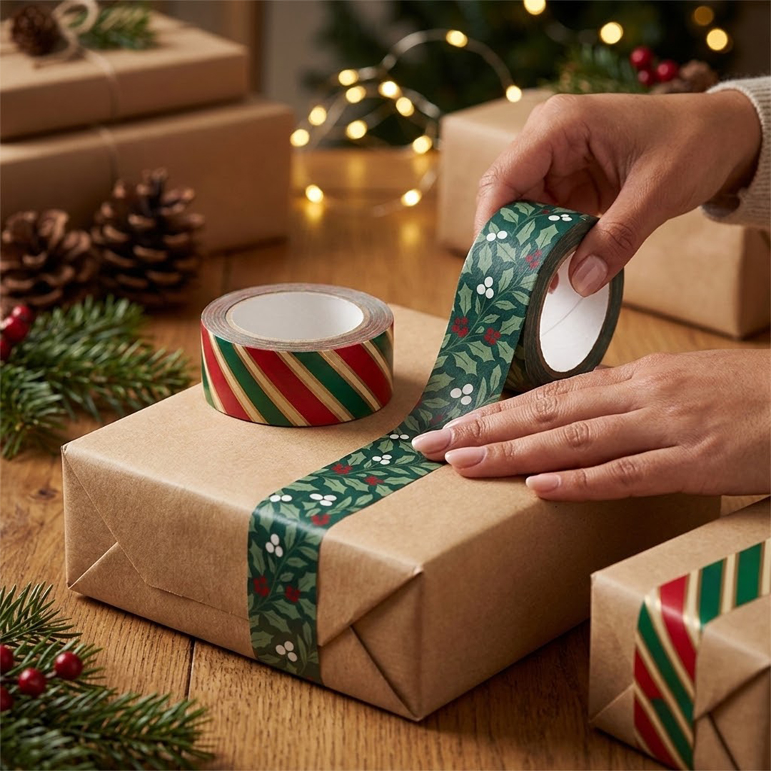 Traditional Holly & Stripes Christmas Printed Masking Tape 50m - Pack of 2 View 2