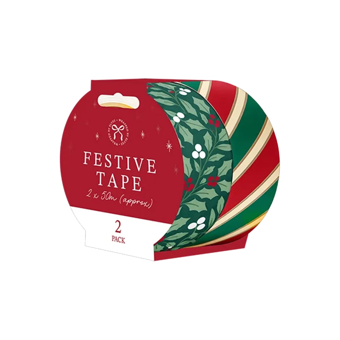 Traditional Holly & Stripes Christmas Printed Masking Tape 50m - Pack of 2