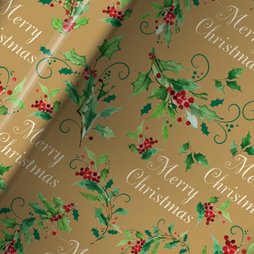 Traditional Holly Christmas Gold Gift Wrapping Paper Roll 7m Product Gallery Image
