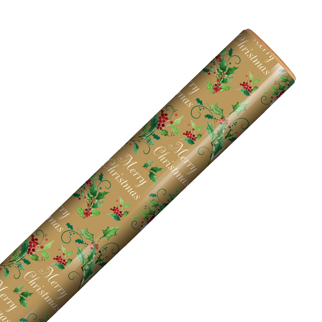 Traditional Holly Christmas Gold Gift Wrapping Paper Roll 7m Product Gallery Image