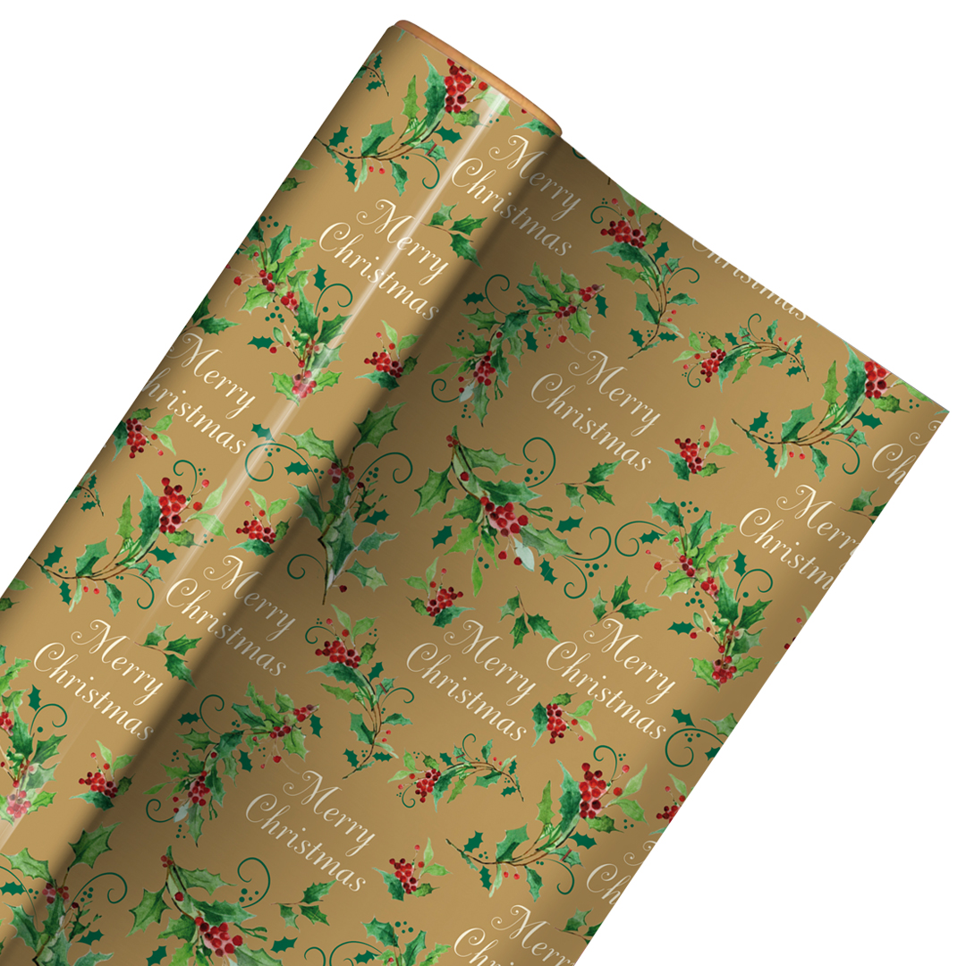 Traditional Holly Christmas Gold Gift Wrapping Paper Roll 7m Product Gallery Image