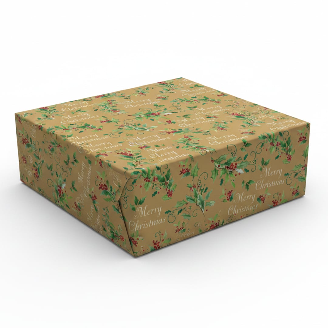 Traditional Holly Christmas Gold Gift Wrapping Paper Roll 7m