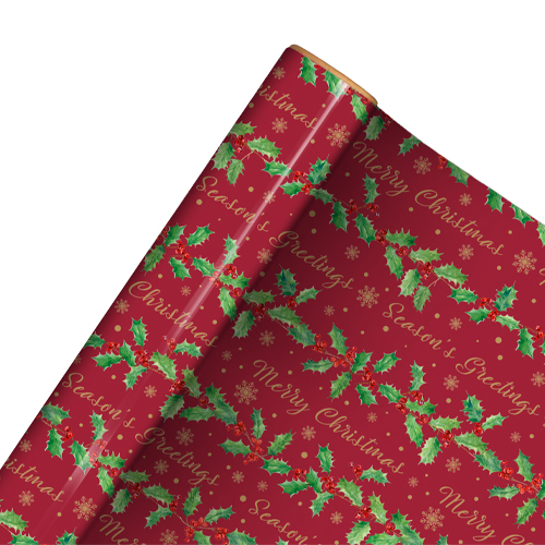 Traditional Holly Christmas Recyclable Burgundy Gift Wrapping Paper Roll 7m Product Gallery Image