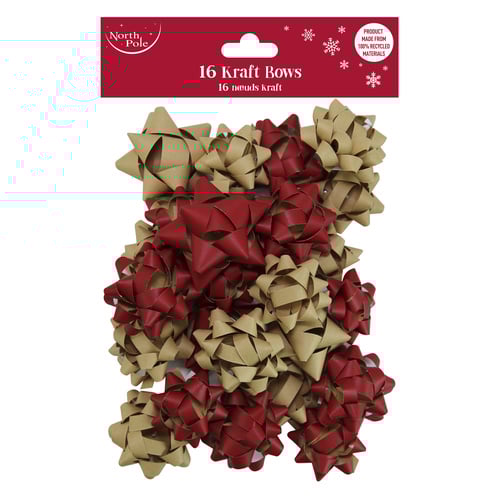 Traditional Red & Kraft Christmas Eco Gift Ribbon Bows - Pack of 16