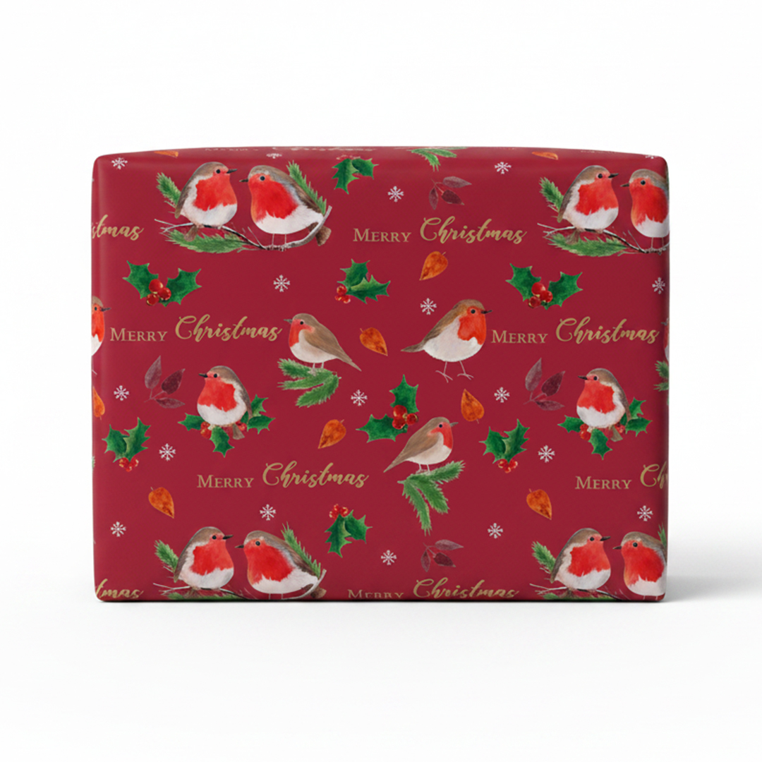 Traditional Robin Christmas Burgundy Red Gift Wrapping Paper Roll 7m