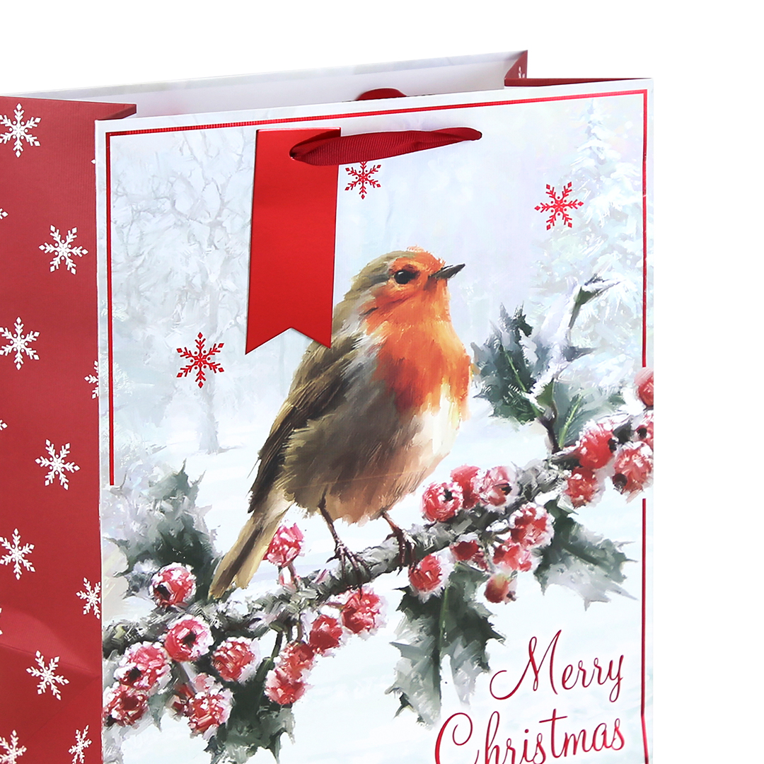 Traditional Robin Christmas Large White Kraft Gift Bag 33cm Product Gallery Image