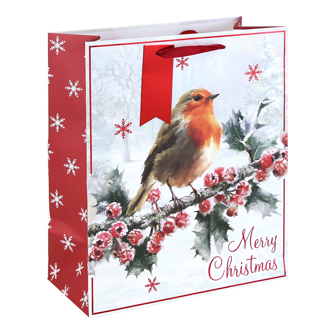 Traditional Robin Christmas Large White Kraft Gift Bag 33cm