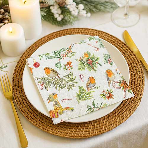 Traditional Robin with Christmas Ornaments Premium Decoupage Luncheon Napkins 3 Ply 33cm - Pack of 20