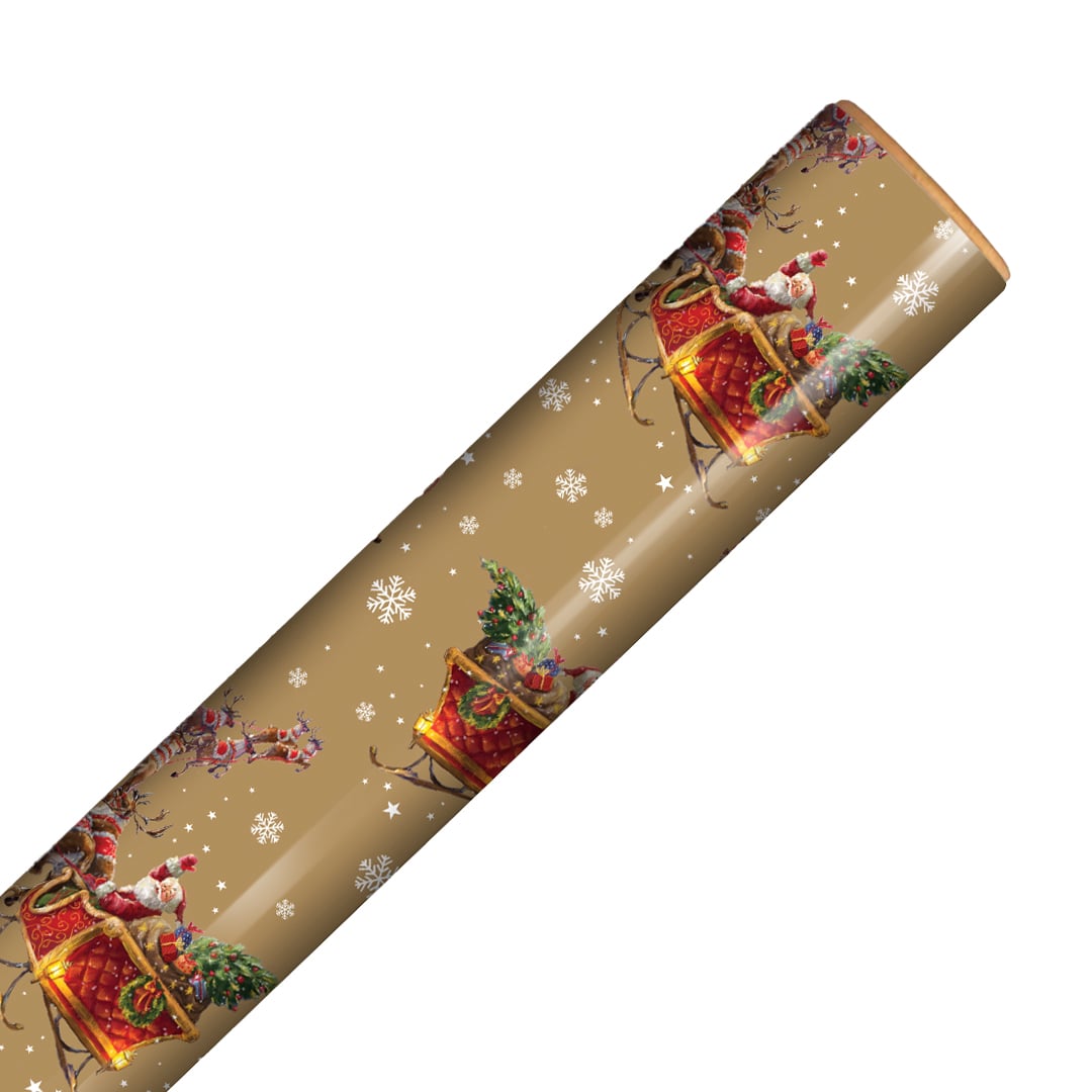 Traditional Santa's Sleigh Christmas Gold Gift Wrapping Paper Roll 4m Product Gallery Image