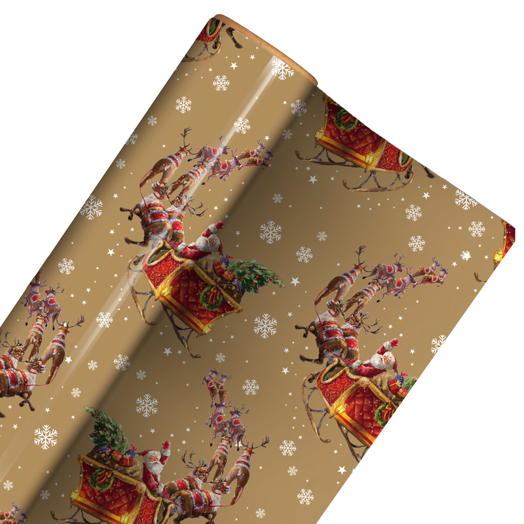 Traditional Santa's Sleigh Christmas Gold Gift Wrapping Paper Roll 4m Product Gallery Image