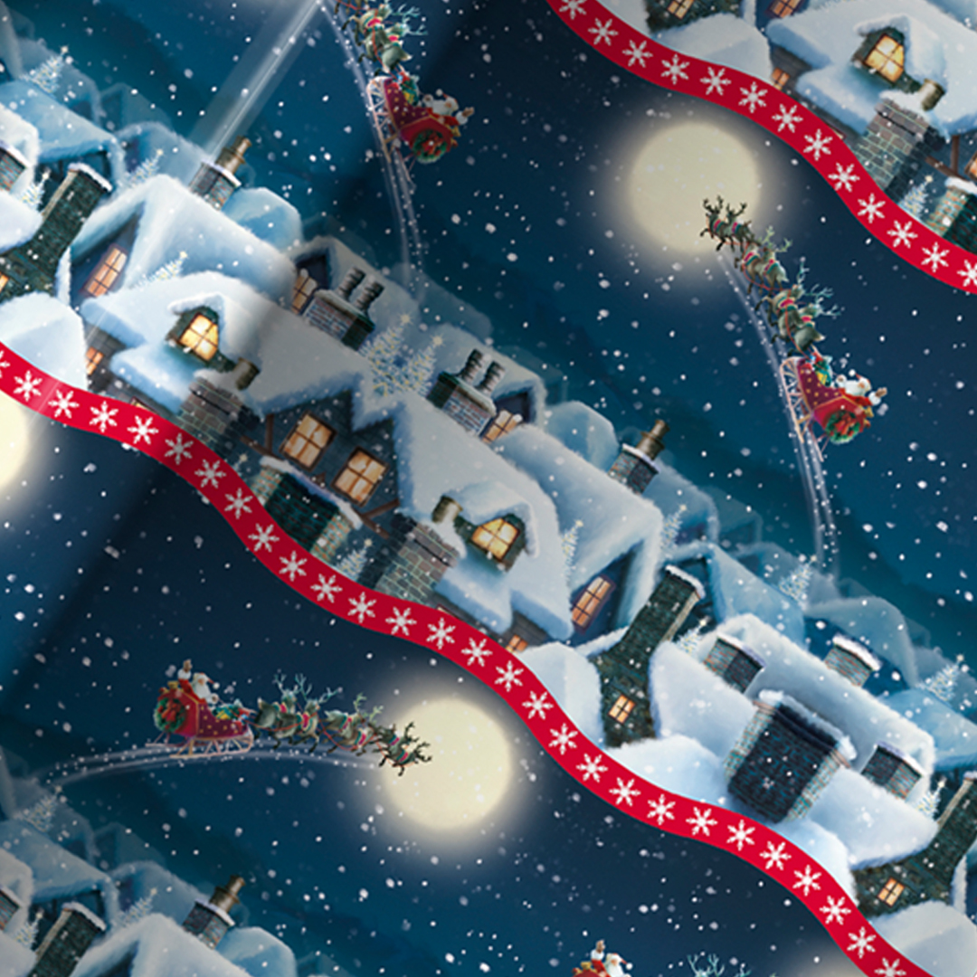 Traditional Santa's Sleigh Scene Christmas Blue Gift Wrapping Paper Roll 7m Product Gallery Image
