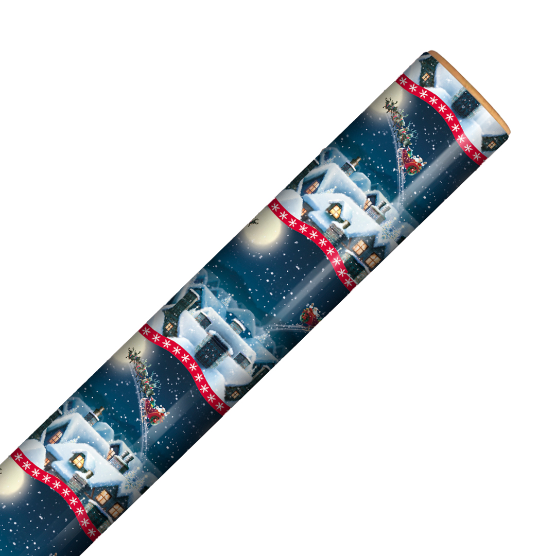 Traditional Santa's Sleigh Scene Christmas Blue Gift Wrapping Paper Roll 7m Product Gallery Image